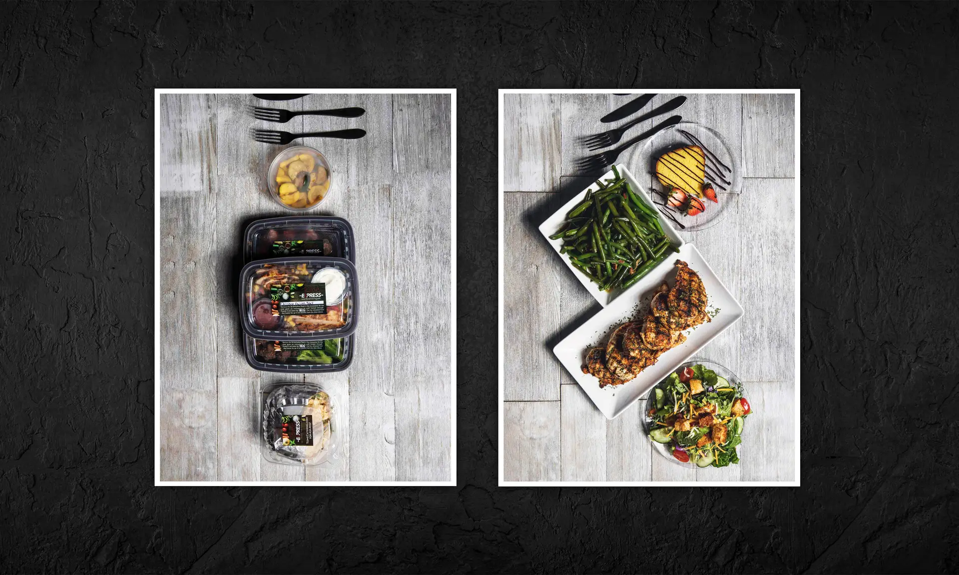 overhead view of Tome meals with entrees, sides, and desserts on to go plates or to feed a family.