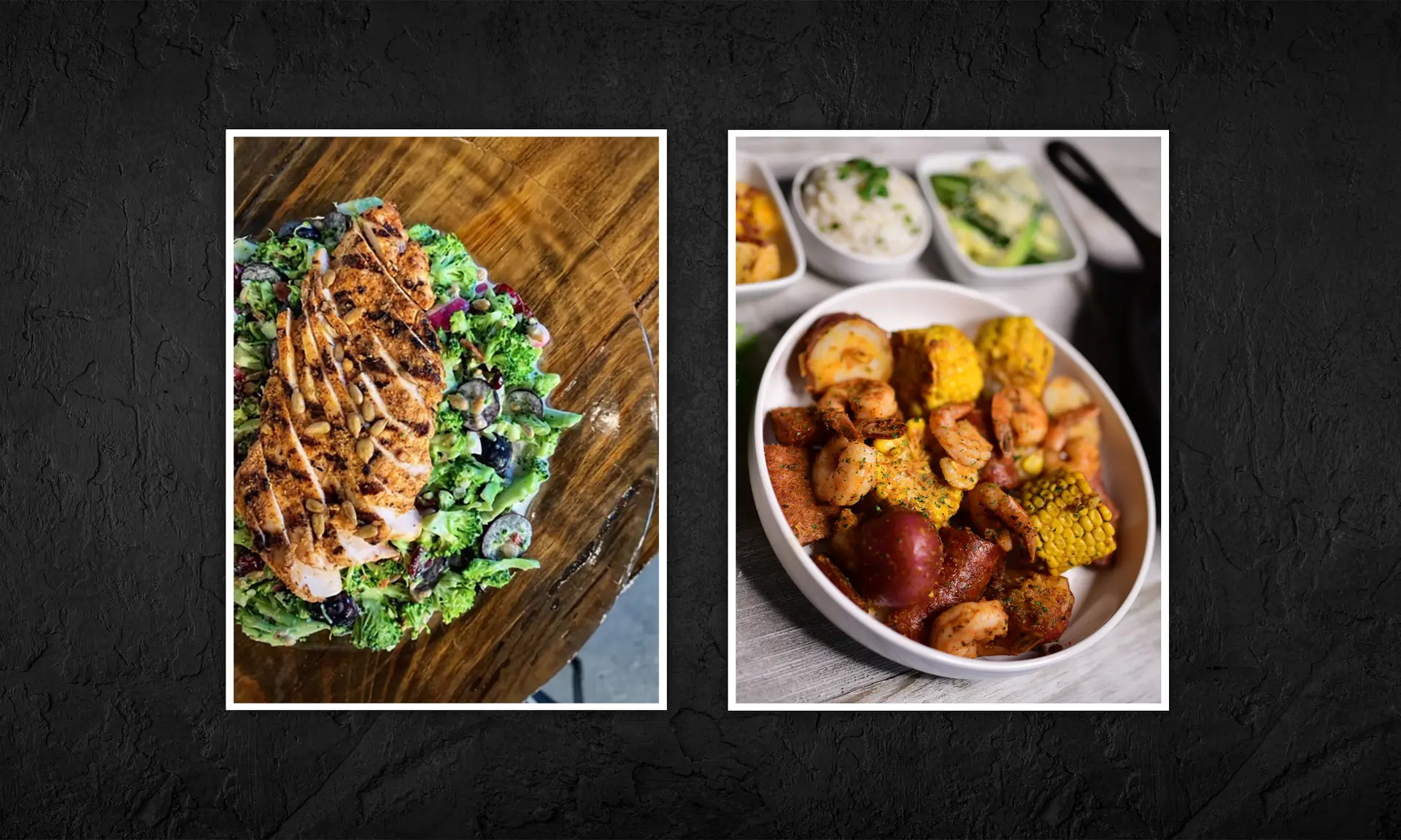 Photo collage close up view of broccoli chicken salad and sides