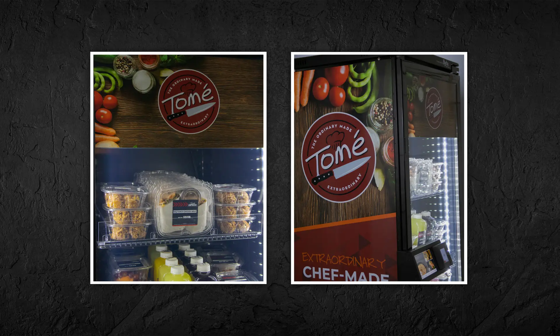 collage of Tome vending machines that include wraps, drinks, snacks and more.