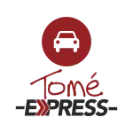 Tome Express logo with maroon letters and car for delivery services