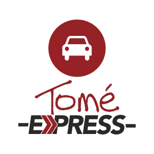 Tome Express logo with maroon letters and car for delivery services