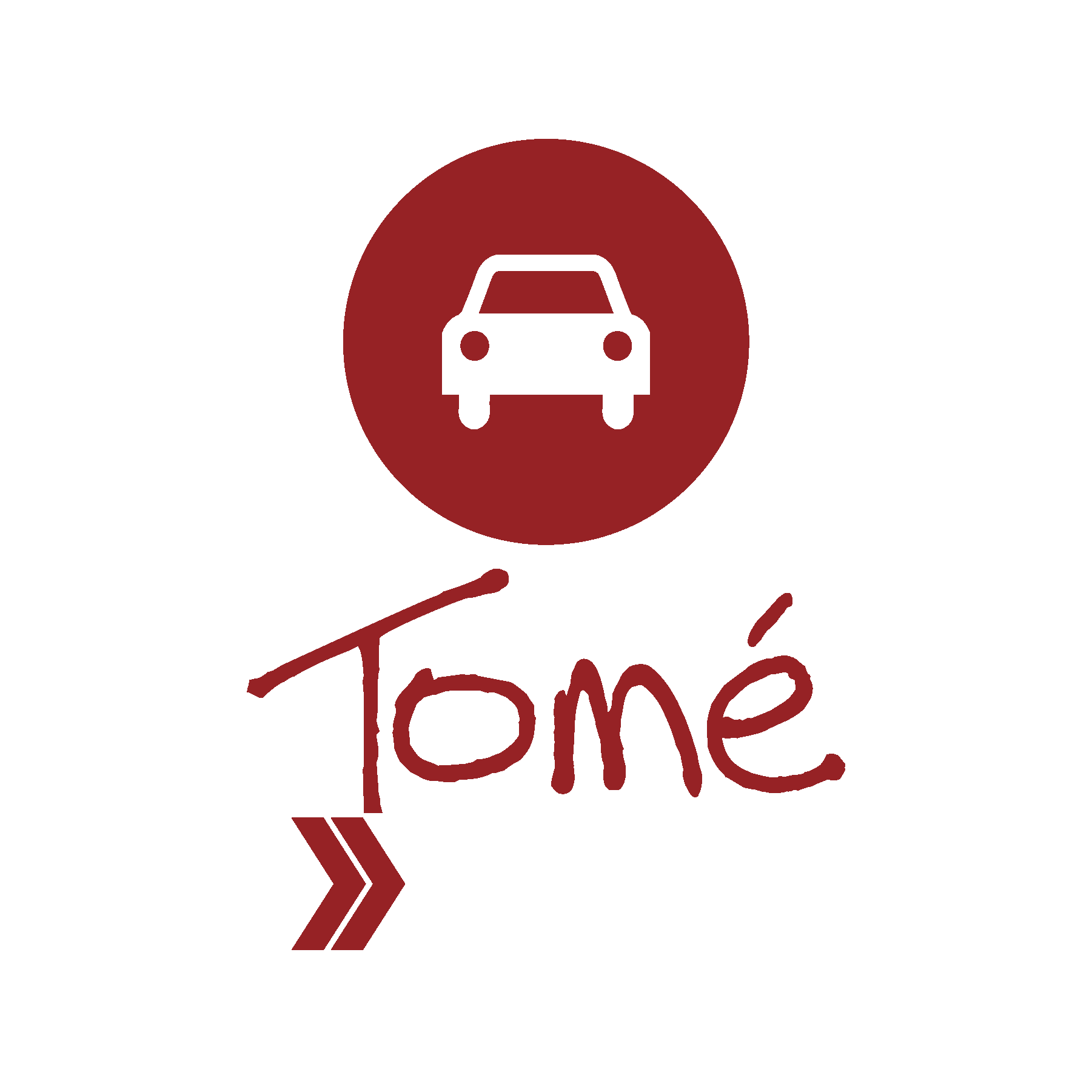 Tome Express logo with maroon and white letters and car for delivery services