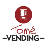 Tome vending logo on clear background with maroon letters and a vending machine.